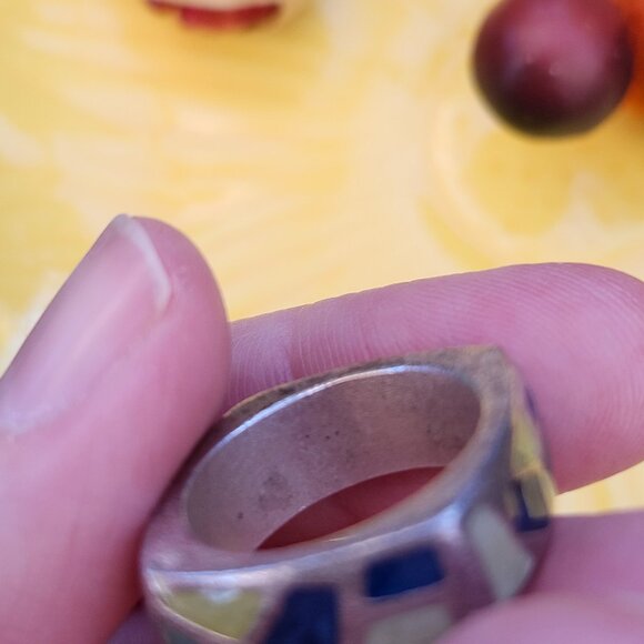 Vintage 1970's Artisan Made Sterling Silver Geometric Square Ring with Enamel - Picture 10 of 11